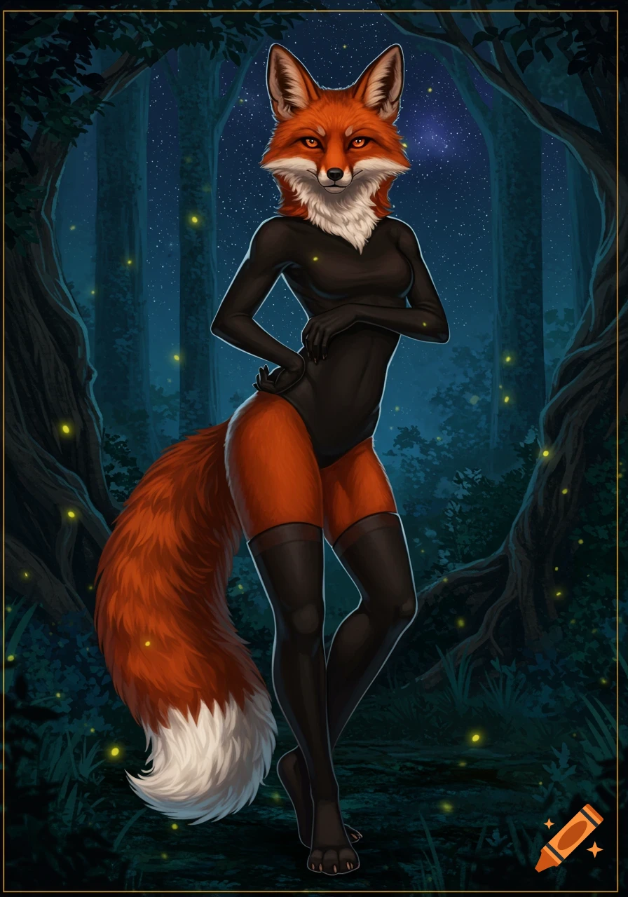 An anthropomorphic fox character in a black bodysuit and thigh-high socks stands in a dark forest with fireflies, in a digital painting style.