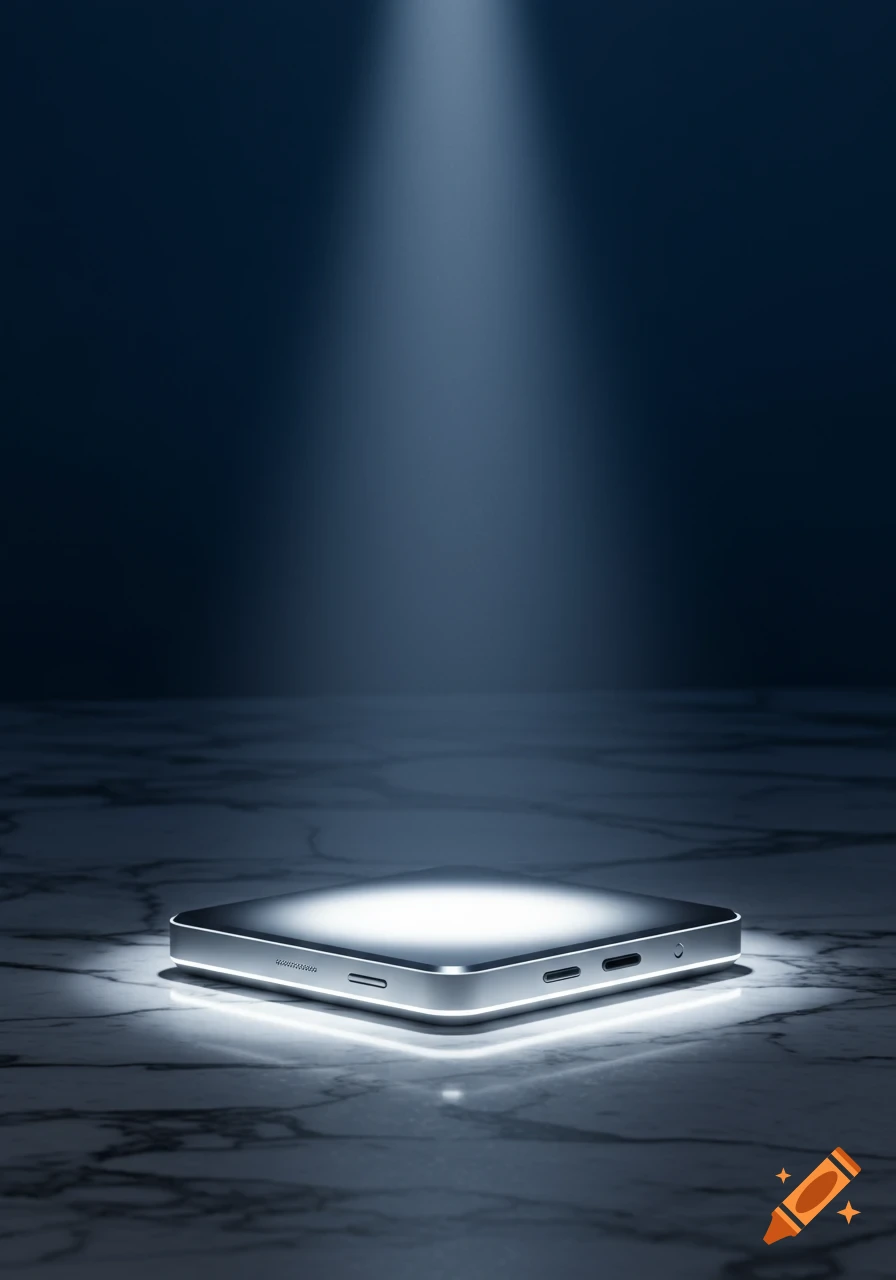 A sleek smartphone glows under a spotlight on a dark marble surface, product photo style.