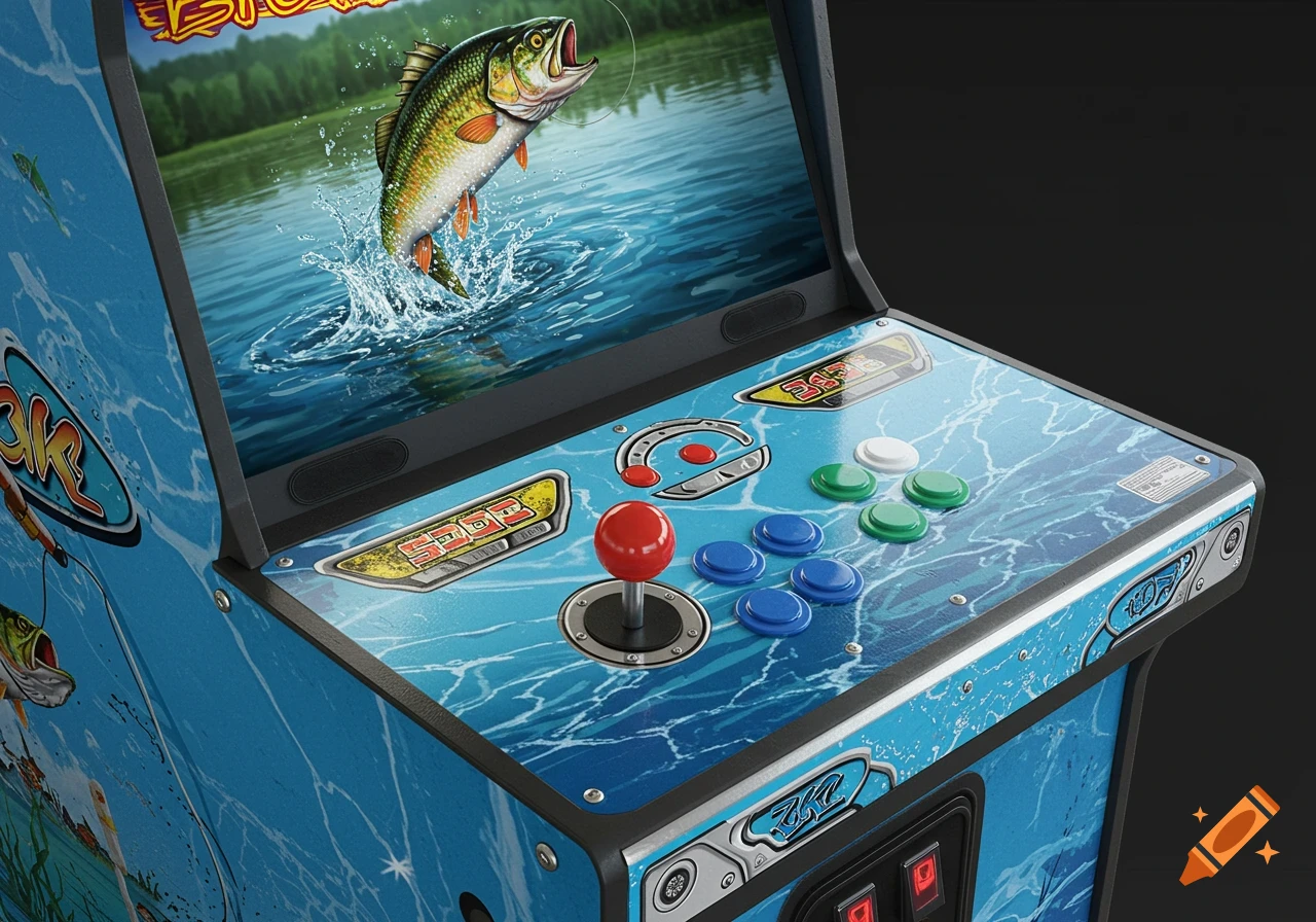 Close-up of a blue arcade game cabinet with a fishing theme. The screen shows a fish jumping out of blue water with splashes. The control panel has a red joystick and several blue, green, and white buttons.