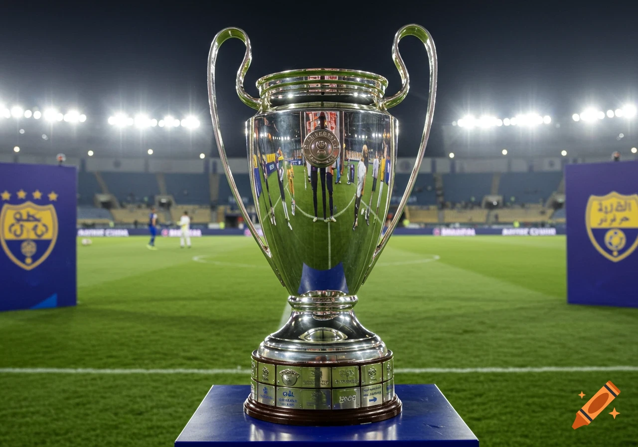 Photorealistic image of a large silver trophy on a blue pedestal in a lit football stadium at night.