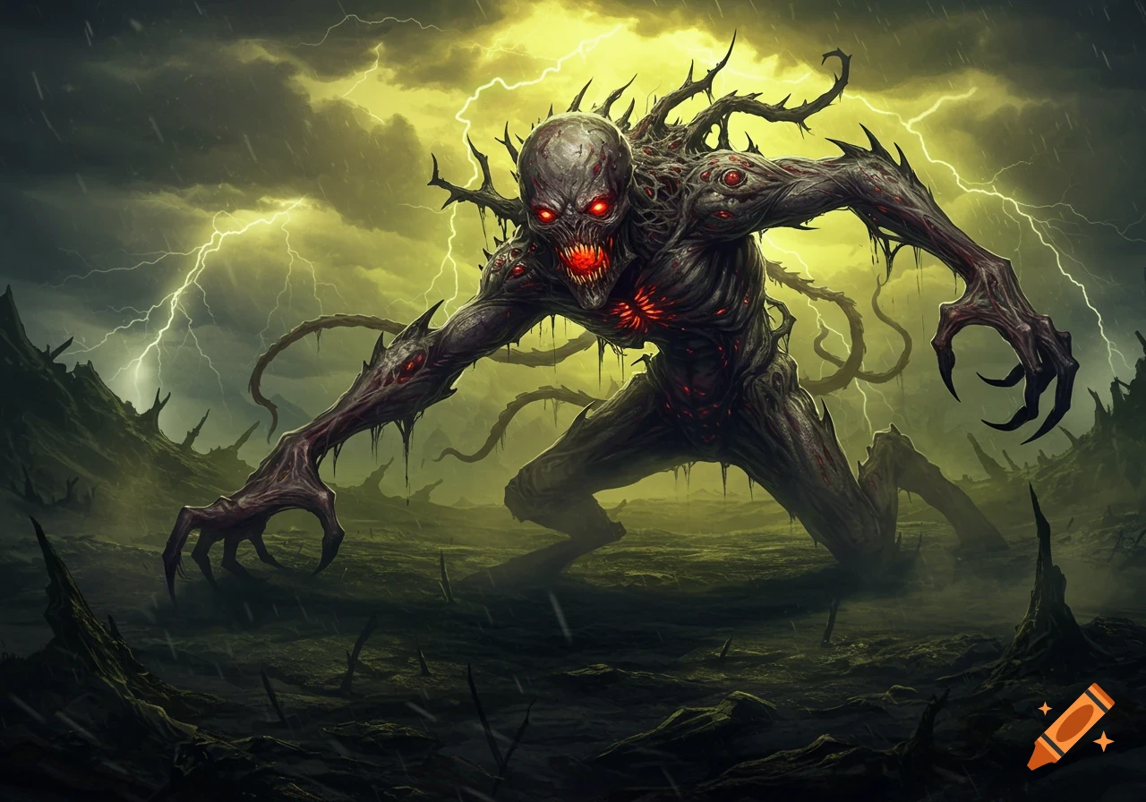 A grotesque, skeletal monster with glowing red eyes stands in a desolate, stormy landscape under a lightning-filled sky.