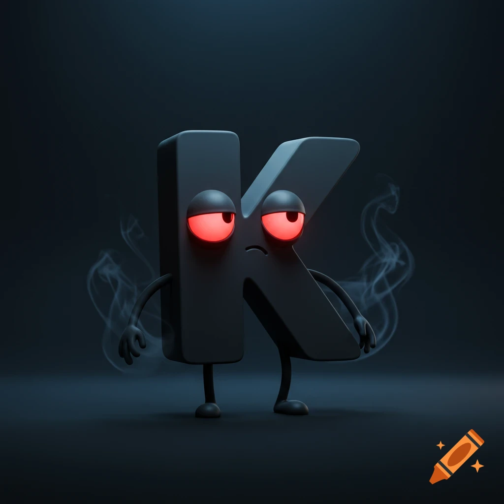 A dark grey 3D letter K with tired, glowing red eyes, small limbs, and faint wisps of smoke around it.