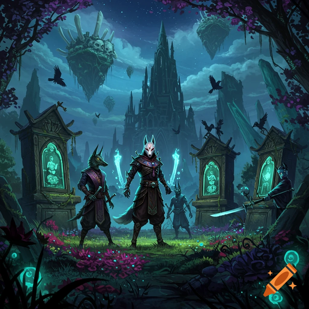 A fox-masked warrior and a jackal priest stand before glowing shrines in a dark fantasy landscape with a towering castle and floating islands.