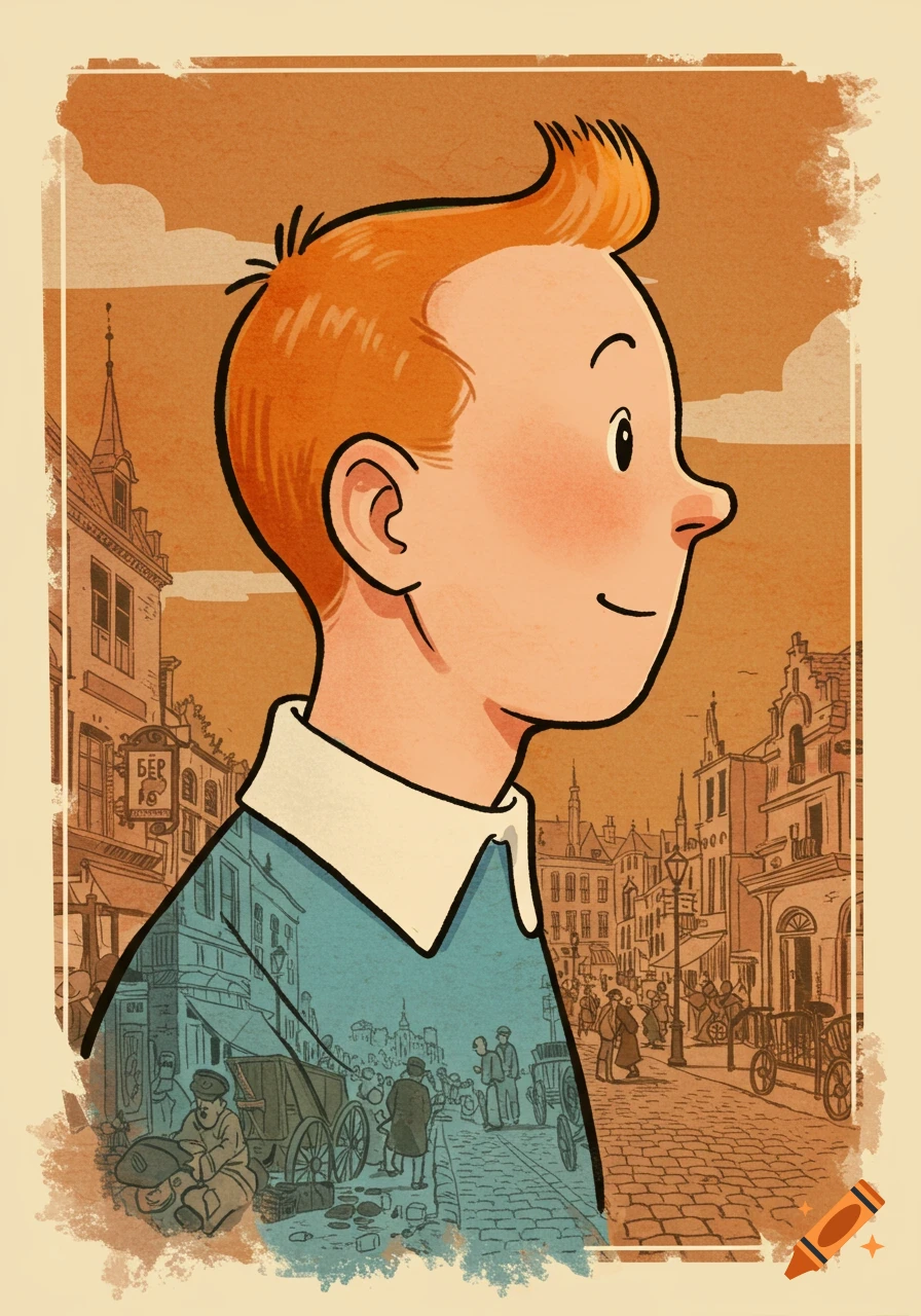 Profile portrait of Tintin with an old-fashioned European street scene overlaid on his body and in the background, in a comic book style.