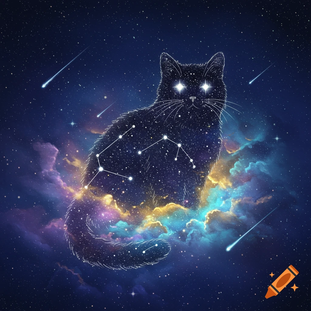 A black cat silhouette filled with stars and colorful nebulae sits against a deep blue starry sky with shooting stars.