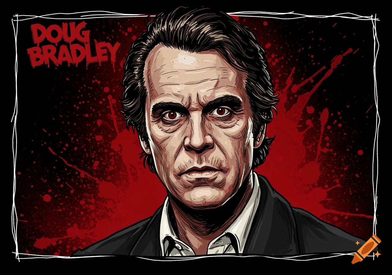 Comic-style portrait of Doug Bradley with a serious expression against a black and red splatter background.