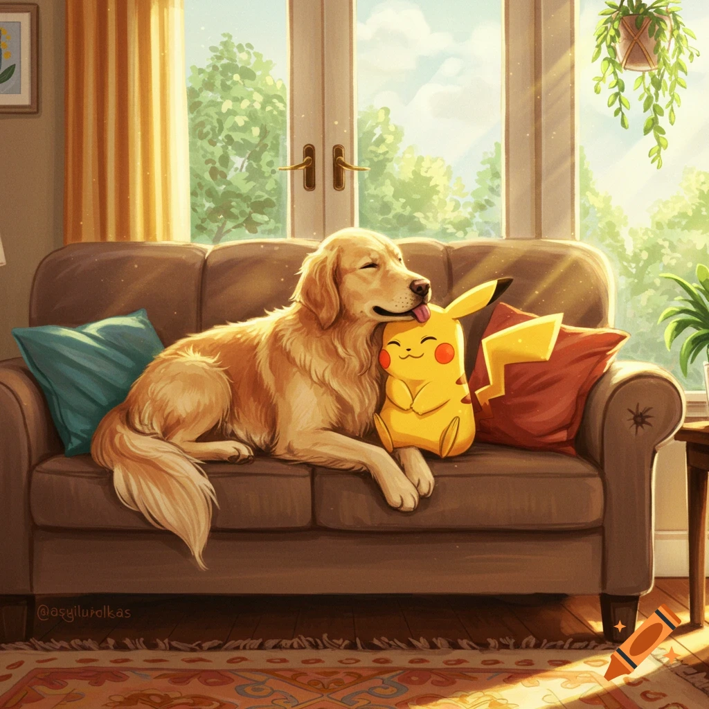 A golden retriever dog snuggling a Pikachu plushie on a brown couch in a sunlit living room with windows.