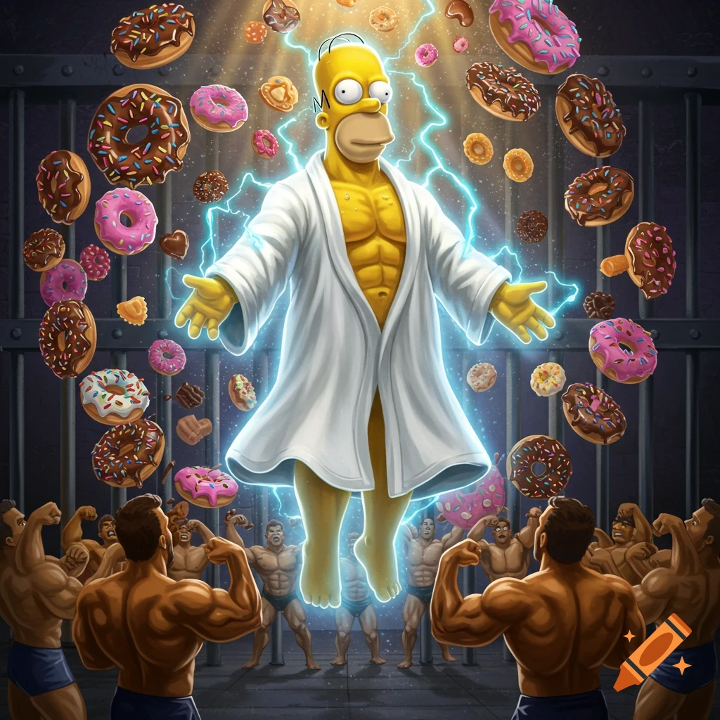 Muscular Homer Simpson floats with lightning and donuts, worshipped by bodybuilders in a jail cell, in a cartoon style.