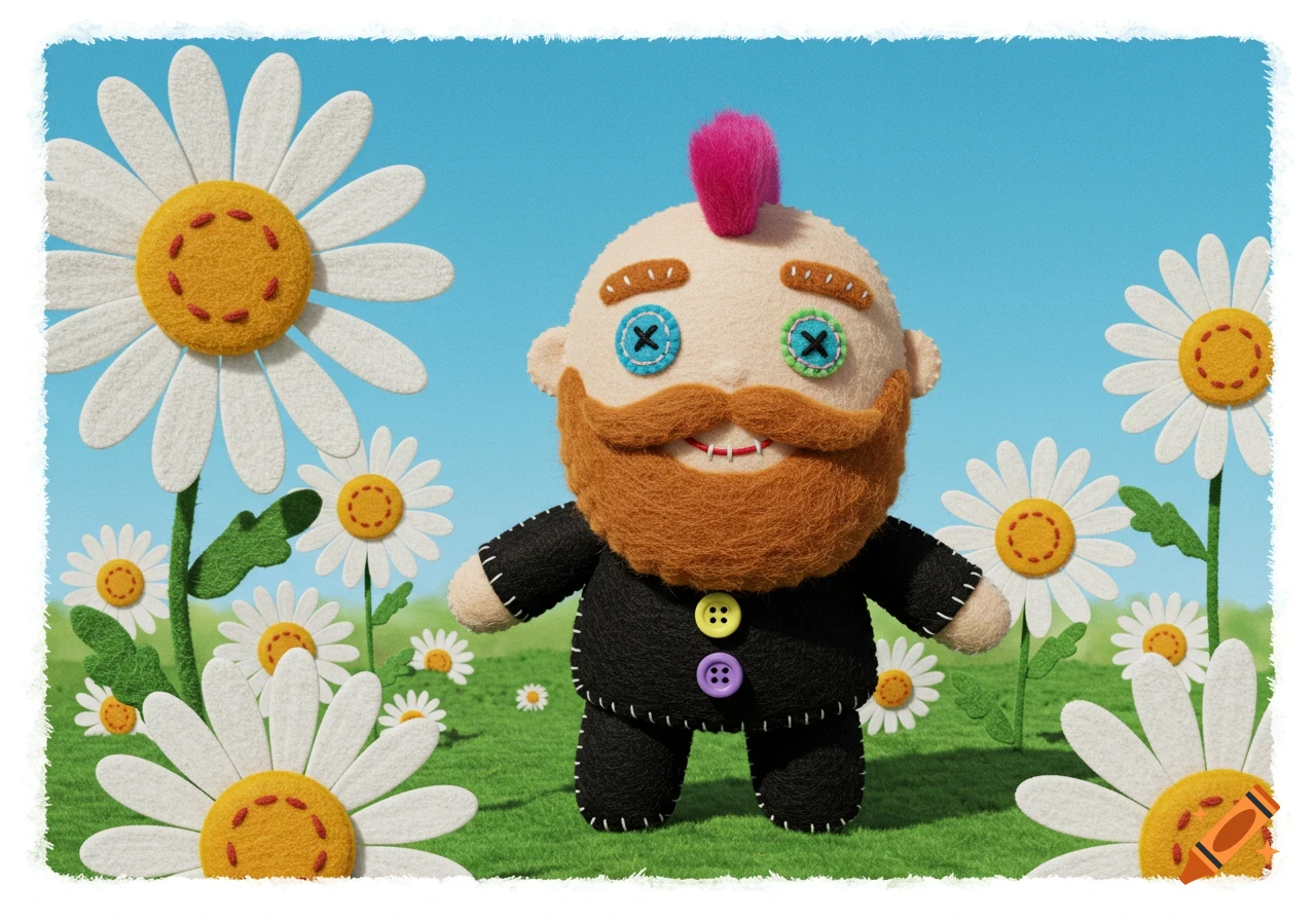 A felt plushie character with an orange beard, pink mohawk, and black outfit with colorful buttons stands in a field of white daisies under a blue sky.