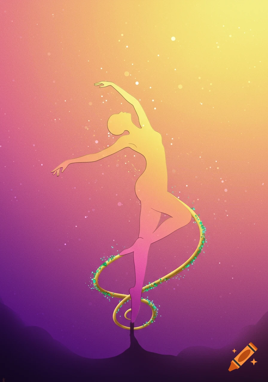 Minimalist abstract silhouette of a dancer with outstretched arms and a golden spiral, set against a vibrant pink, orange, and yellow gradient background.