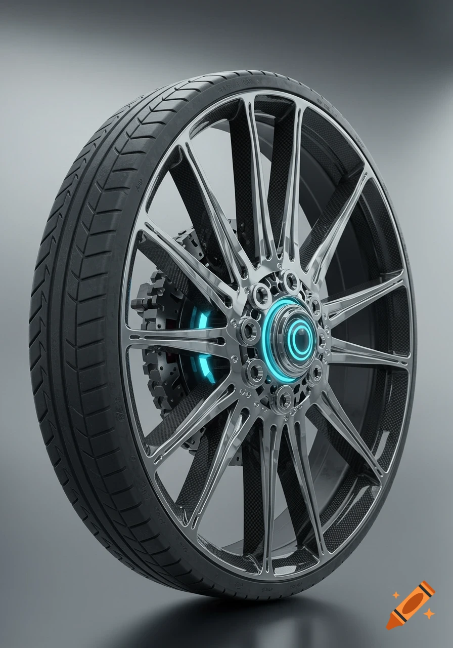 A photorealistic render of a futuristic car wheel with a metallic rim, textured tire, and glowing blue hub accents.