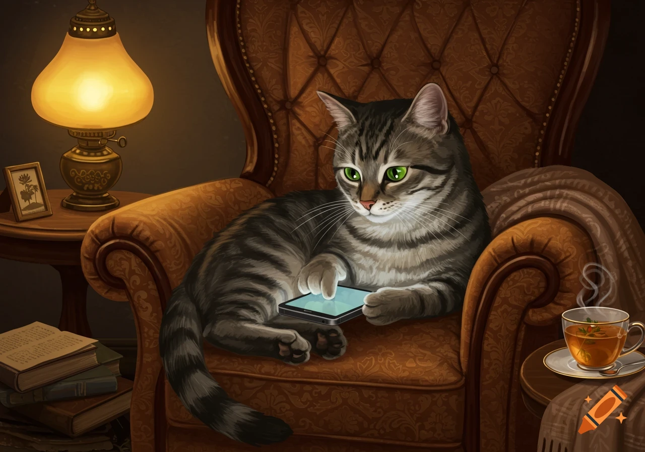 An illustrated tabby cat with green eyes sits in a brown armchair, using a glowing smartphone. Cozy room with lamp, books, and tea.