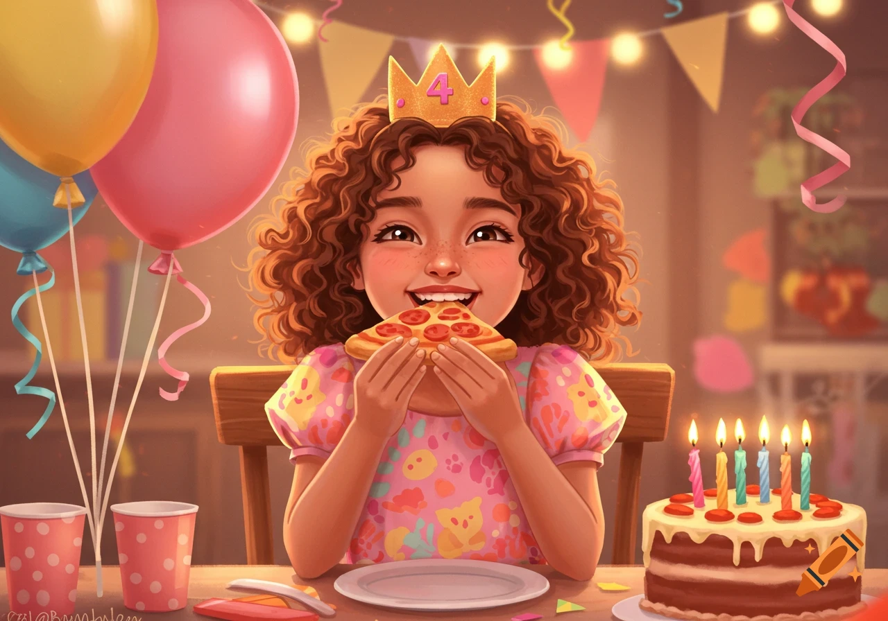 A smiling girl with curly hair wears a crown with a '4' and eats pizza at her colorful birthday party with balloons and a cake.
