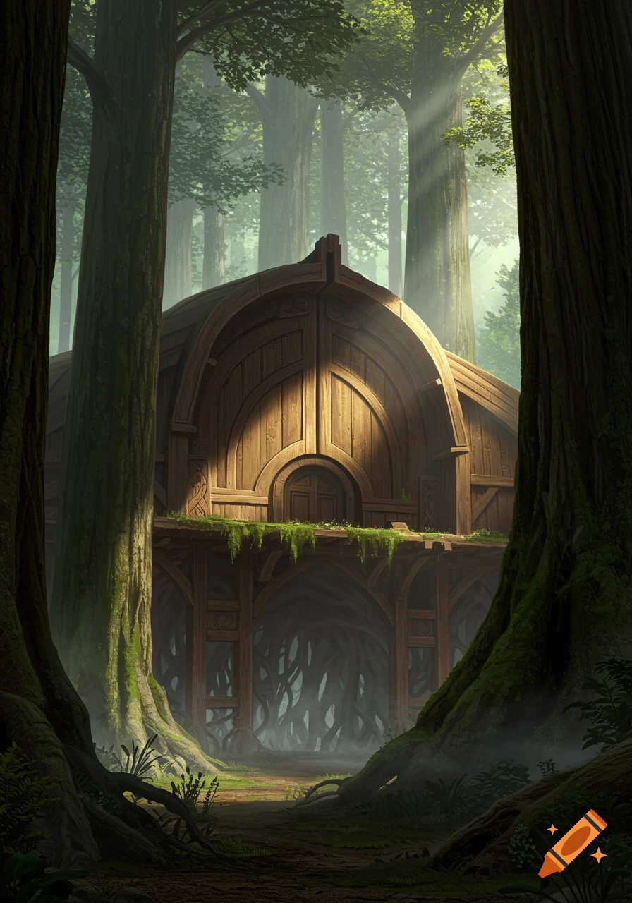 A humble, ancient wooden building in a Jedi architectural style, nestled between towering trees in a sunlit forest.