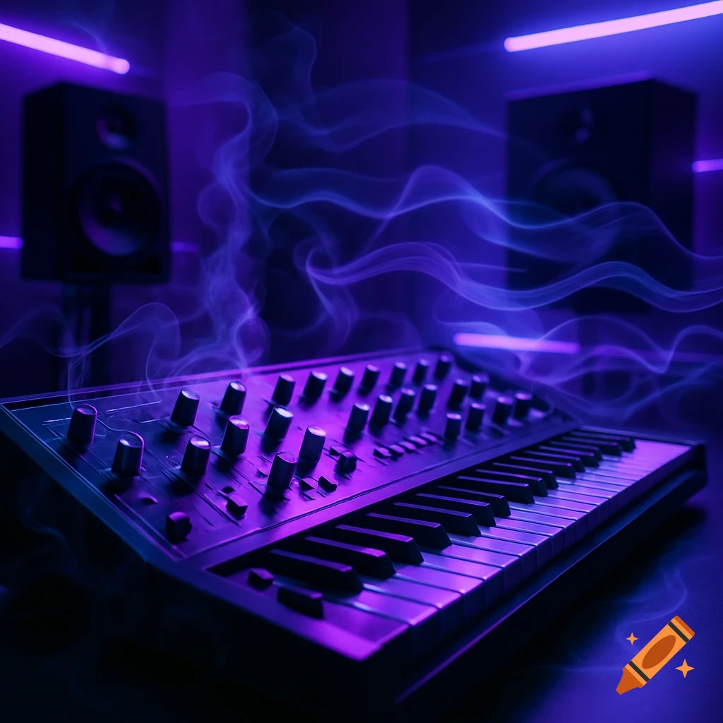 A synthesizer keyboard with many knobs and keys in a dark room with purple neon lights and purple smoke, with two studio monitors in the background.