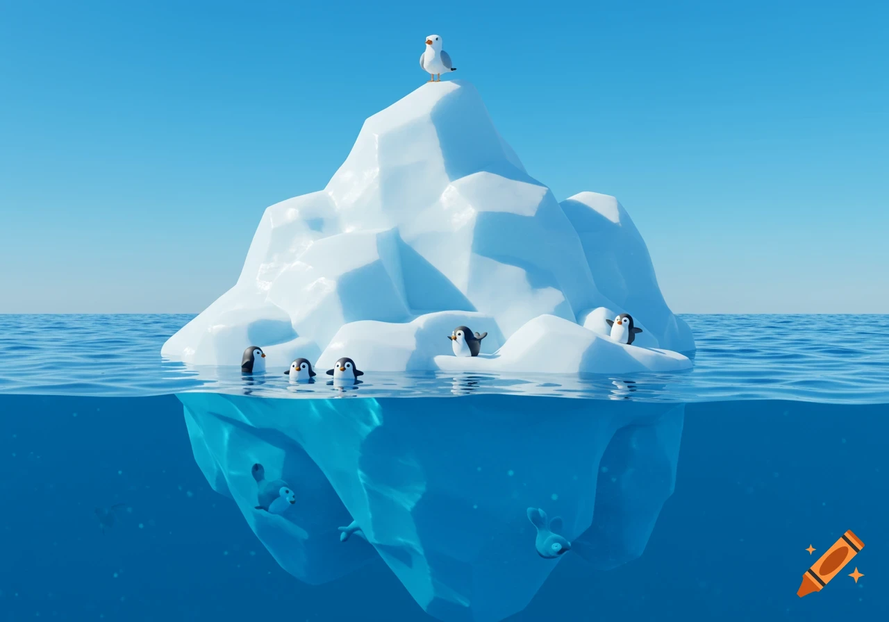 A cartoon iceberg floating in blue water, with several cute penguins on and around it, and a seagull perched on its peak.