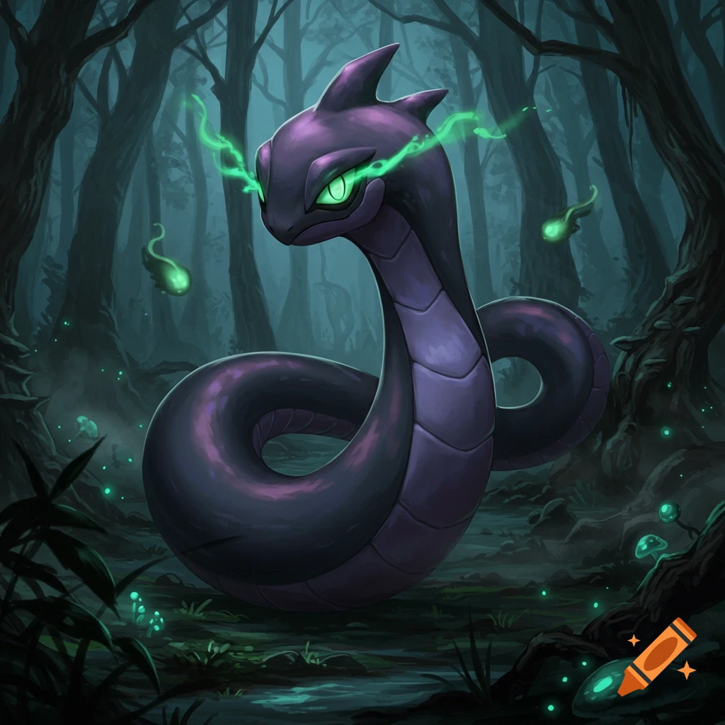A dark purple, snake-like Pokémon with glowing green eyes and green energy emanating from its head, in a mystical, shadowy forest with glowing mushrooms.