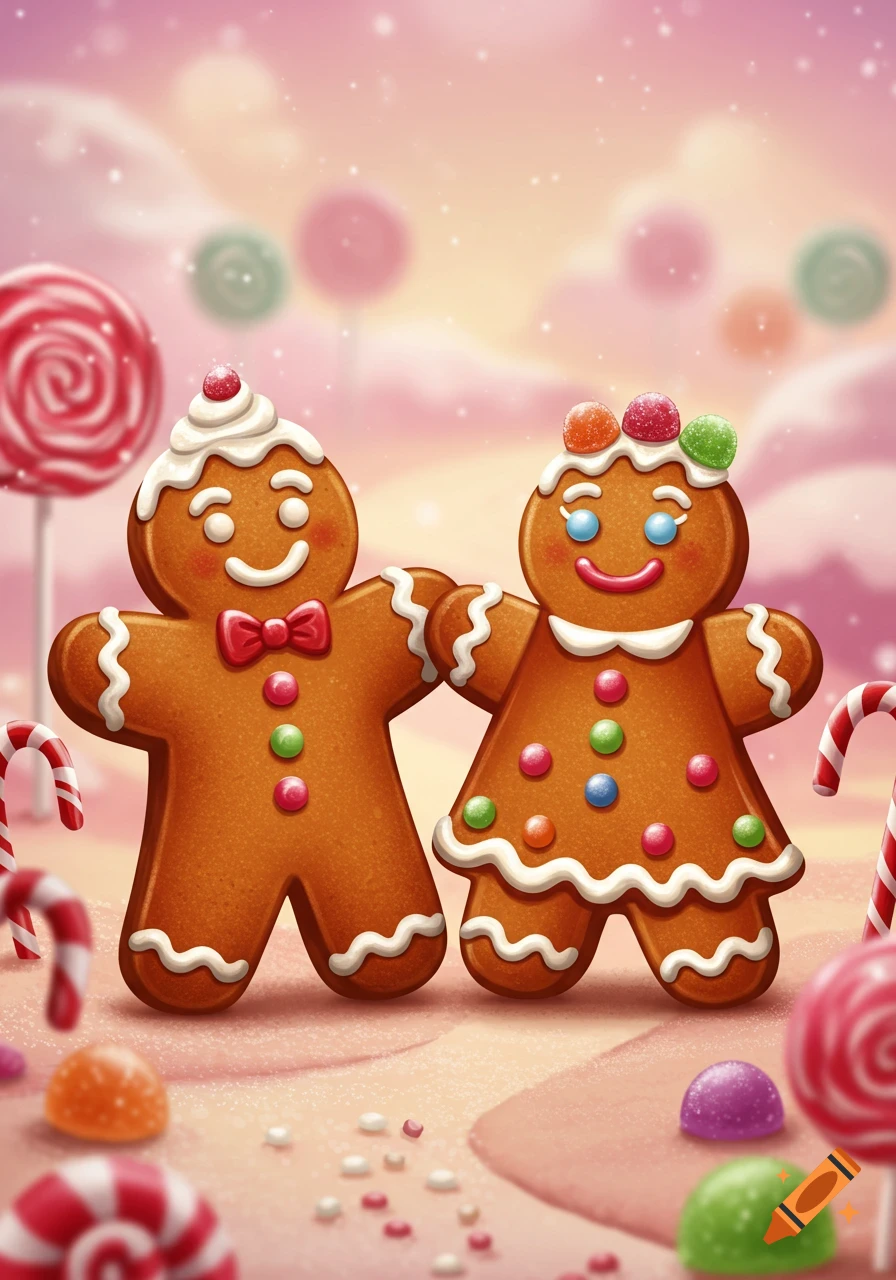 A cartoon illustration of a gingerbread man and woman standing in a whimsical candy landscape with lollipops and gumdrops.