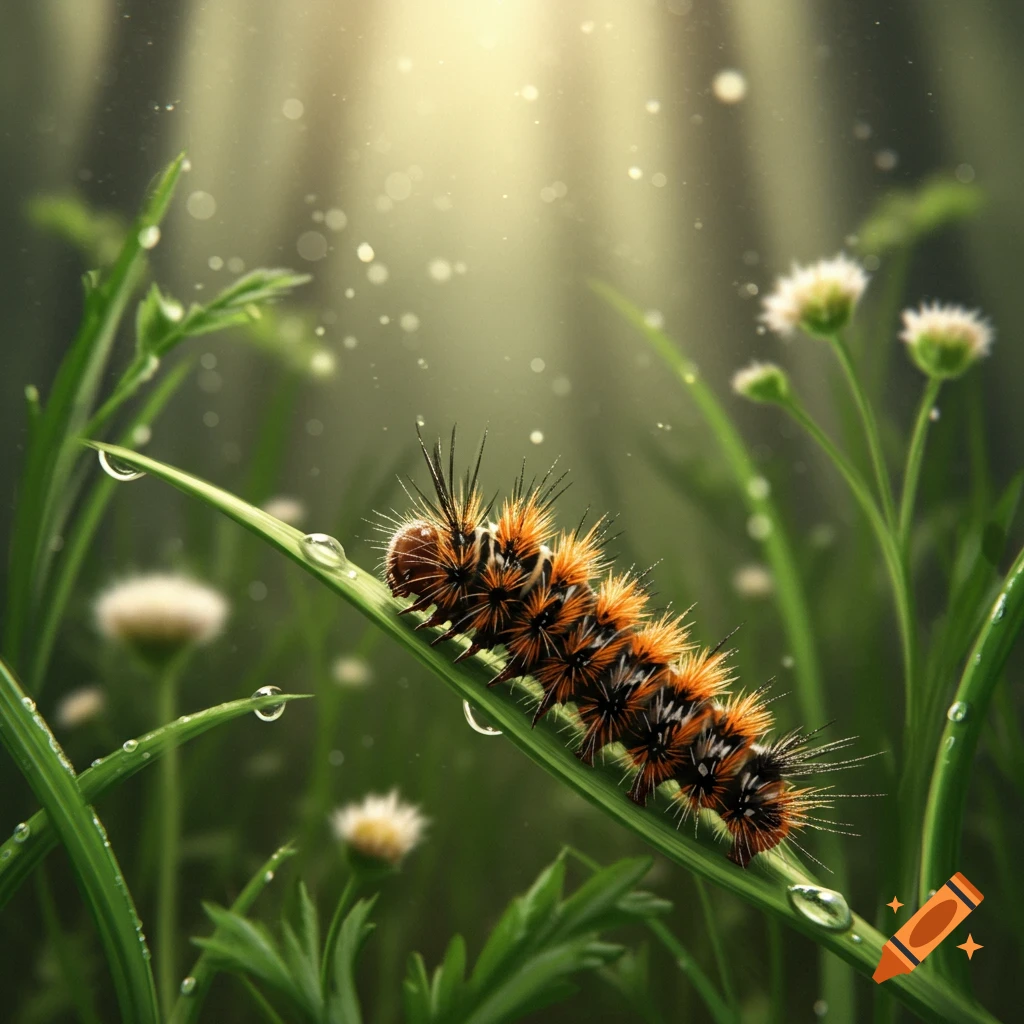 A fuzzy black and orange woolly bear caterpillar crawling on a dew-covered blade of grass in dappled sunlight. Photorealistic.