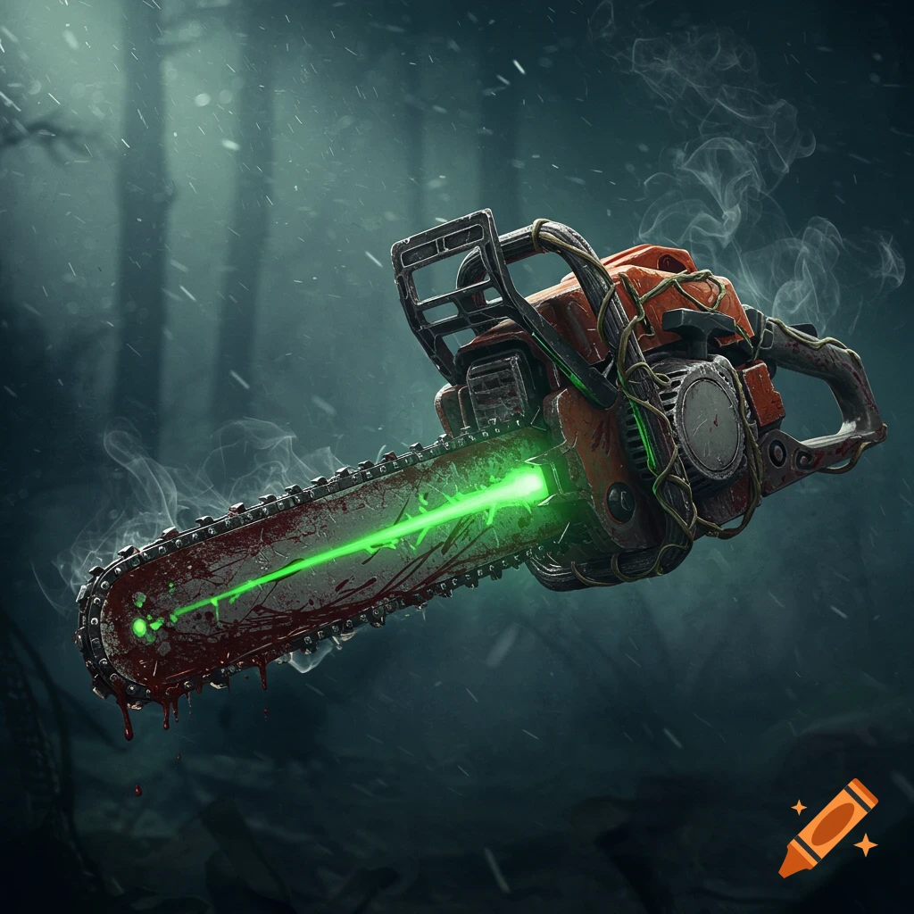 A zombie-themed chainsaw with bloodstains, glowing green energy on the blade, and green vines, set against a dark, misty background.