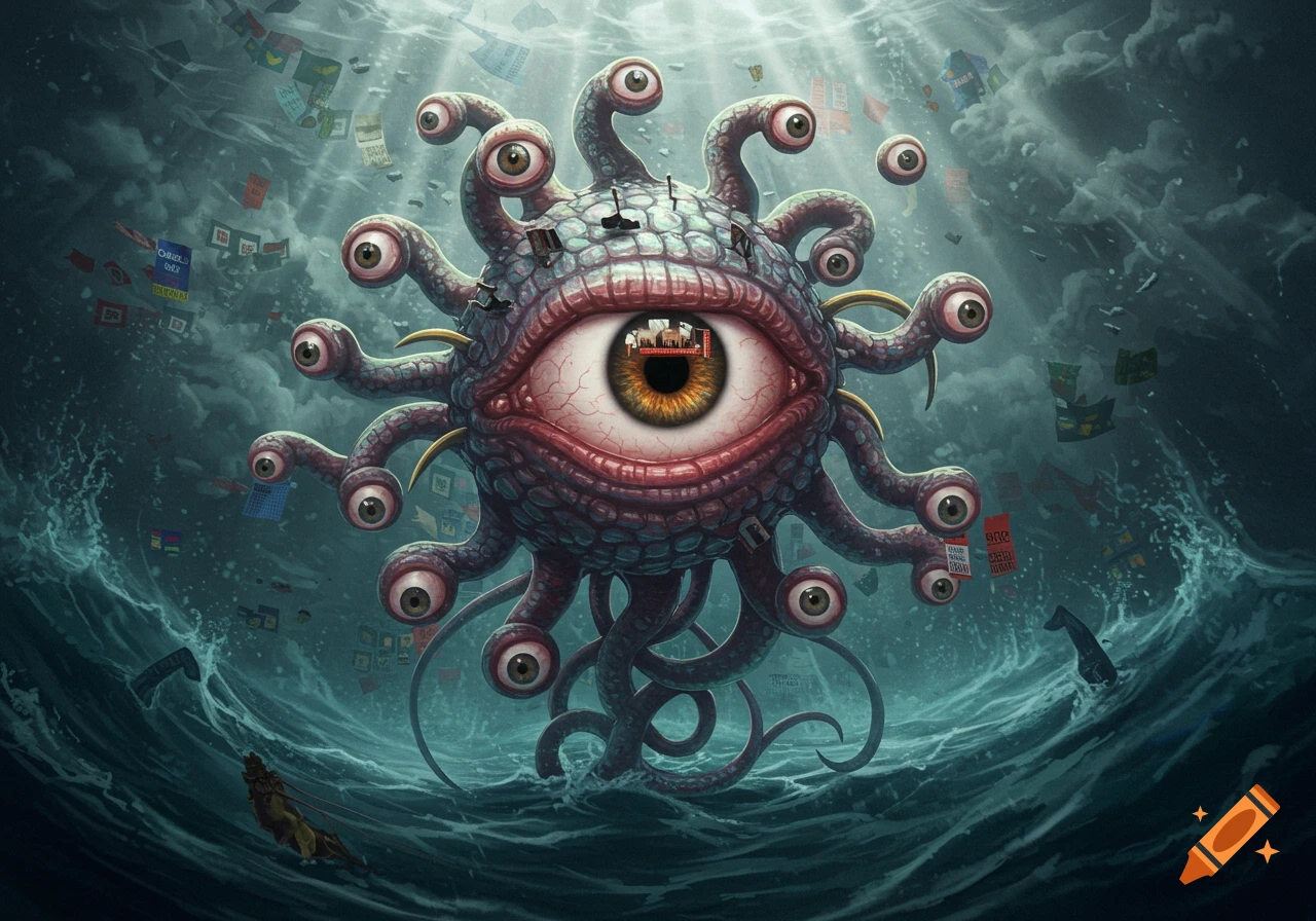 A menacing Beholder, an orb-like creature with many eyestalks, rises from stormy water, surrounded by floating, crumpled papers.