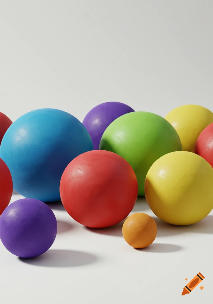 A still life photograph of various colorful clay balls of different sizes on a white background.