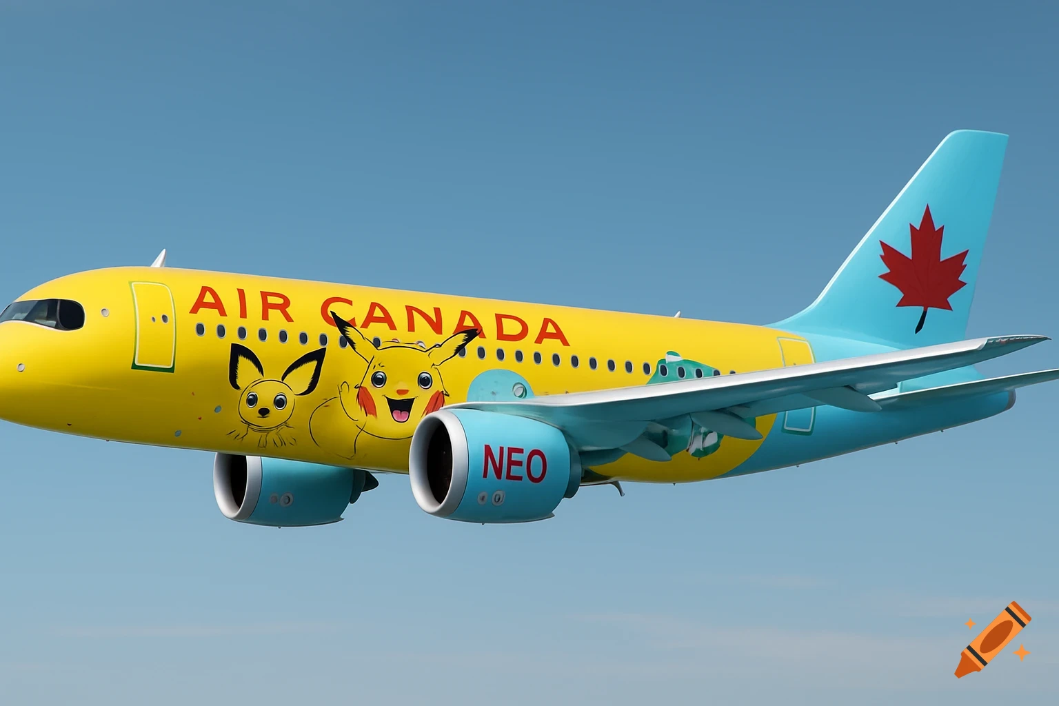 A bright yellow Air Canada airplane with Pokemon characters, including Pikachu, painted on its side, flying in a blue sky.
