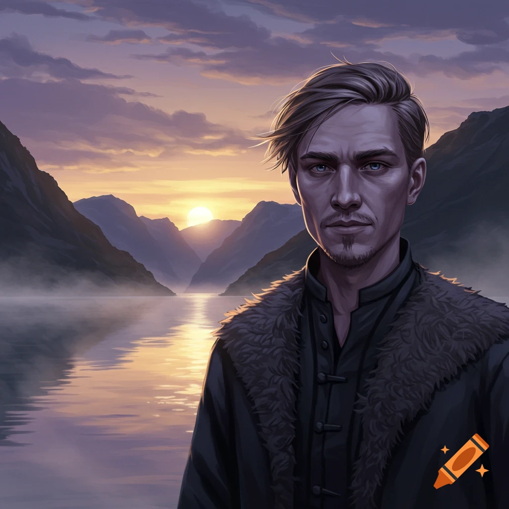 A stern man with a goatee and fur-collared coat stands by a misty lake at sunset with mountains in a stylized, painterly art style.