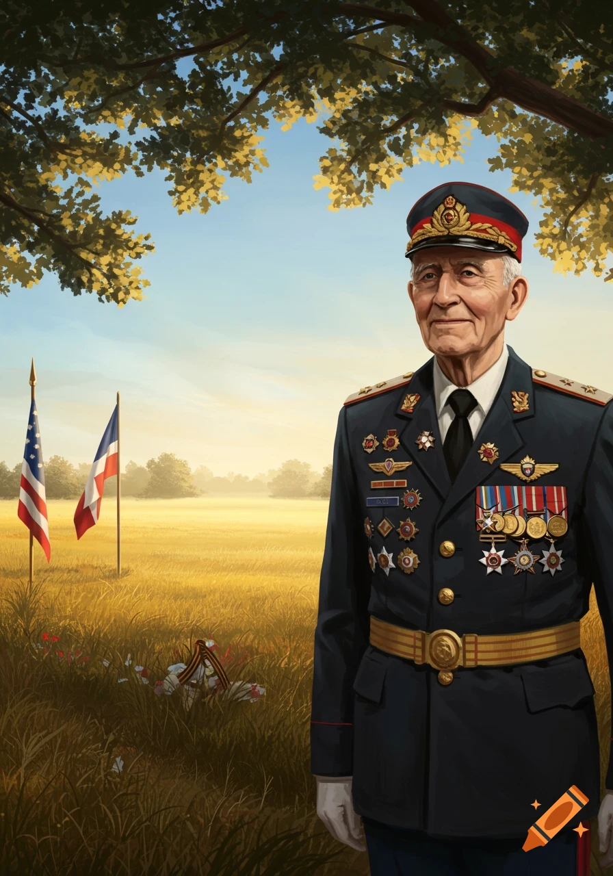 Elderly veteran in a decorated military uniform stands in a golden field with US and French flags.