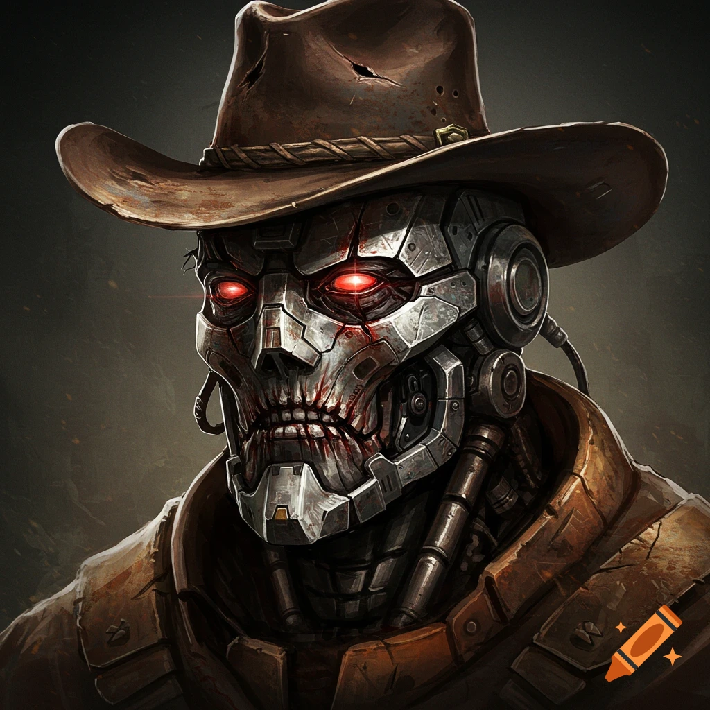 Close-up of a damaged, war-torn robot wearing a weathered cowboy hat with glowing red eyes in a dark, grim style.