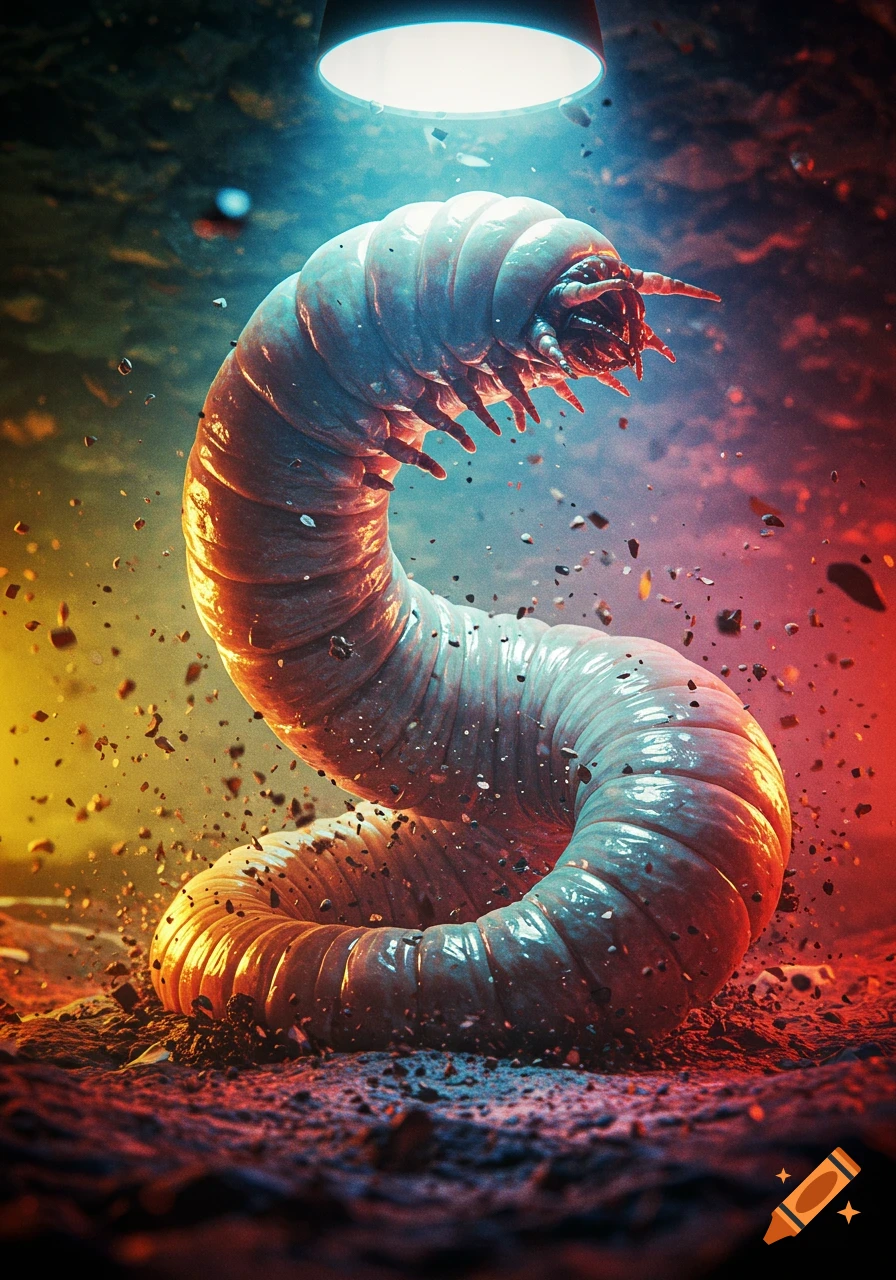 A giant, segmented worm-like creature with a detailed head and many legs, illuminated by a bright overhead light, with debris flying around it in a vibrant, high-contrast setting.