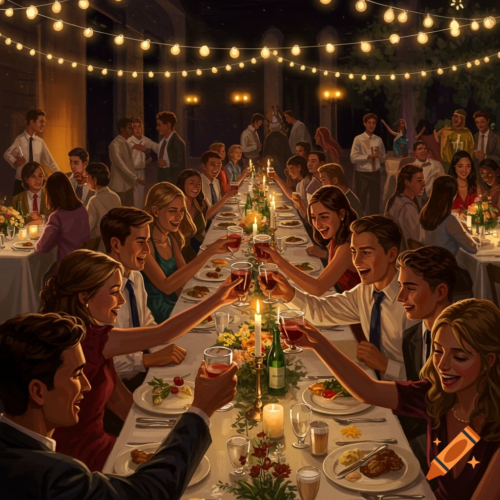 A large group of people toast and socialize at a long dinner table under string lights and candlelight, in a realistic painting style.