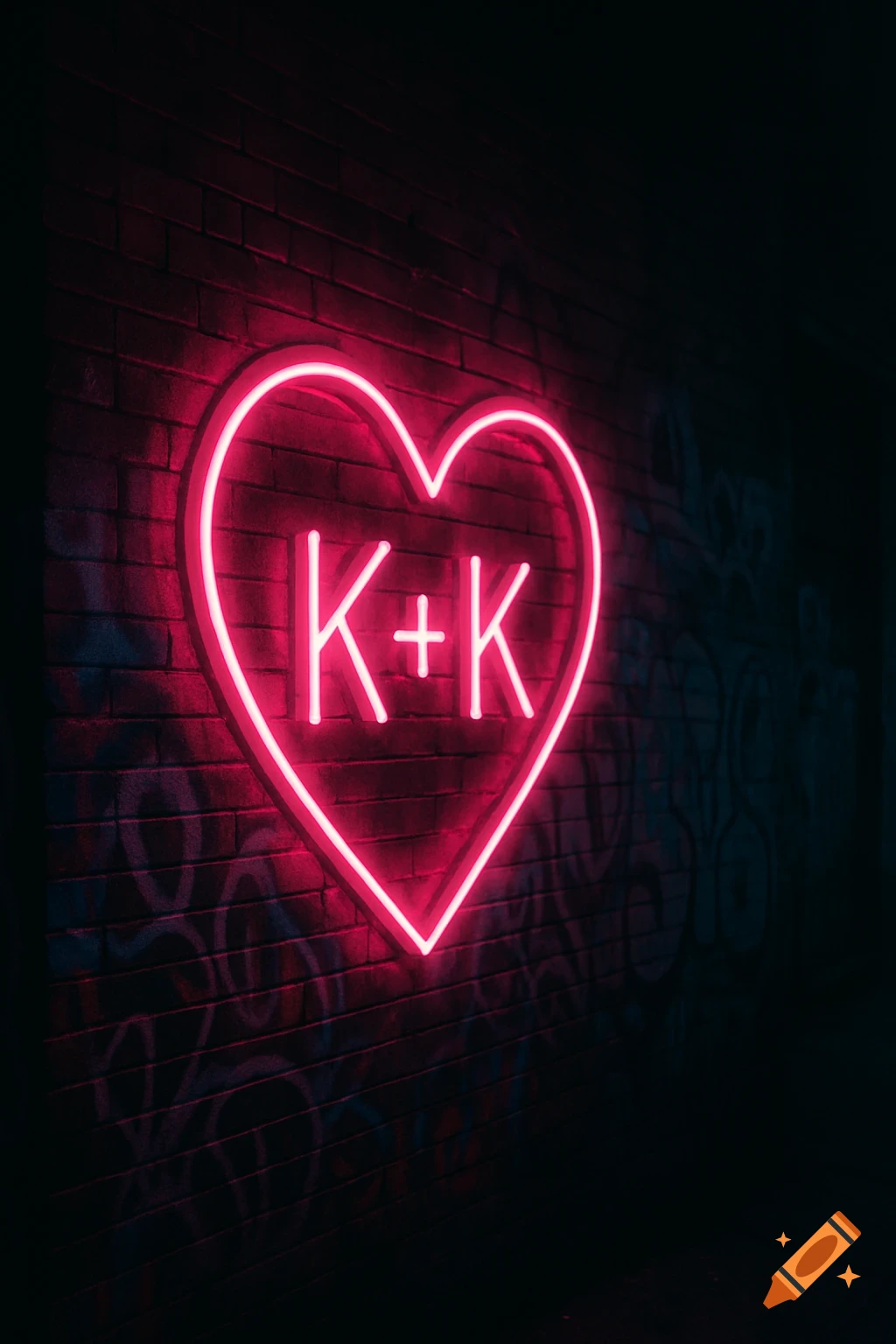 A vibrant pink neon heart sign with the letters 'K+K' inside, set against a dark, brick wall with faint graffiti.