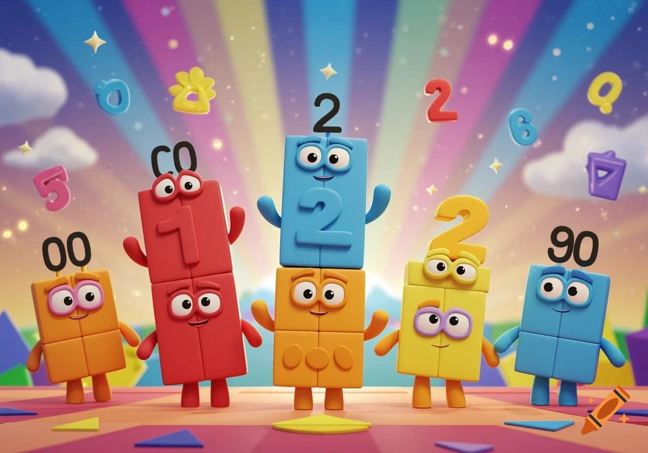 Colorful cartoon number characters with eyes and smiles, some stacked, some floating, against a rainbow background.