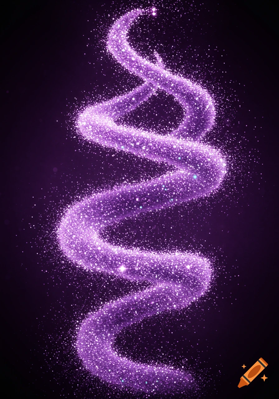A vertical wavy swirl of bright lavender glitter against a dark background.