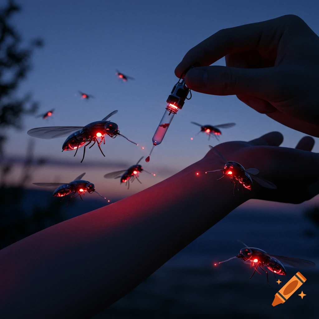 A person's arm at twilight with glowing red, insect-like drones hovering around it, one extracting a red droplet into a small vial.