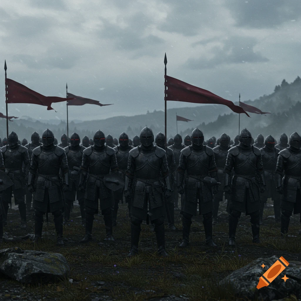 An army of knights in dark armor with glowing red eyes stand on a grassy field under a cloudy, grey sky with red flags.
