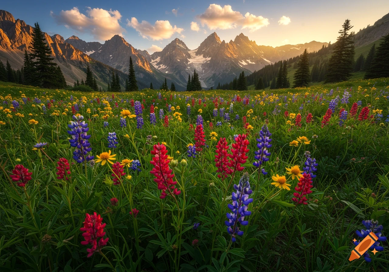 A vibrant landscape of a wildflower meadow with red, purple, and yellow flowers and towering snow-capped mountains at sunset.
