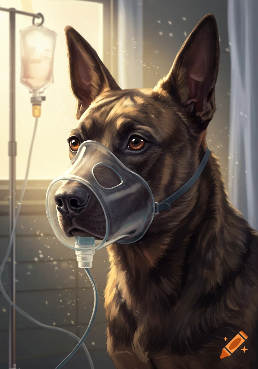 Close-up of a brown dog wearing an oxygen mask, with an IV bag hanging in the background, in a digital art style.