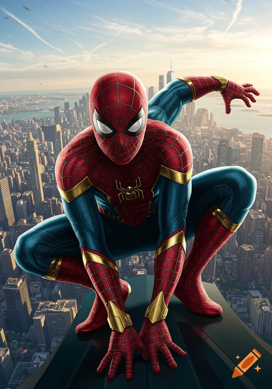 Spider-Man crouches atop a skyscraper, overlooking a sprawling city skyline under a clear sky.