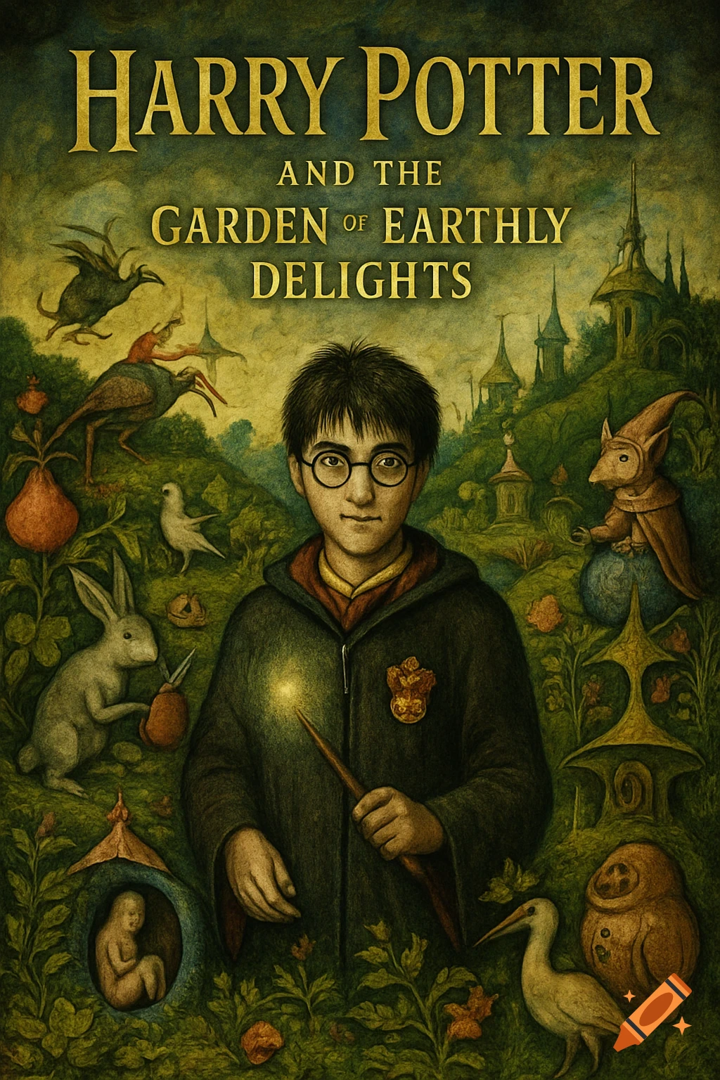 A stylized book cover featuring Harry Potter in a Hieronymus Bosch-inspired garden with fantastical creatures. Title: HARRY POTTER AND THE GARDEN OF EARTHLY DELIGHTS.