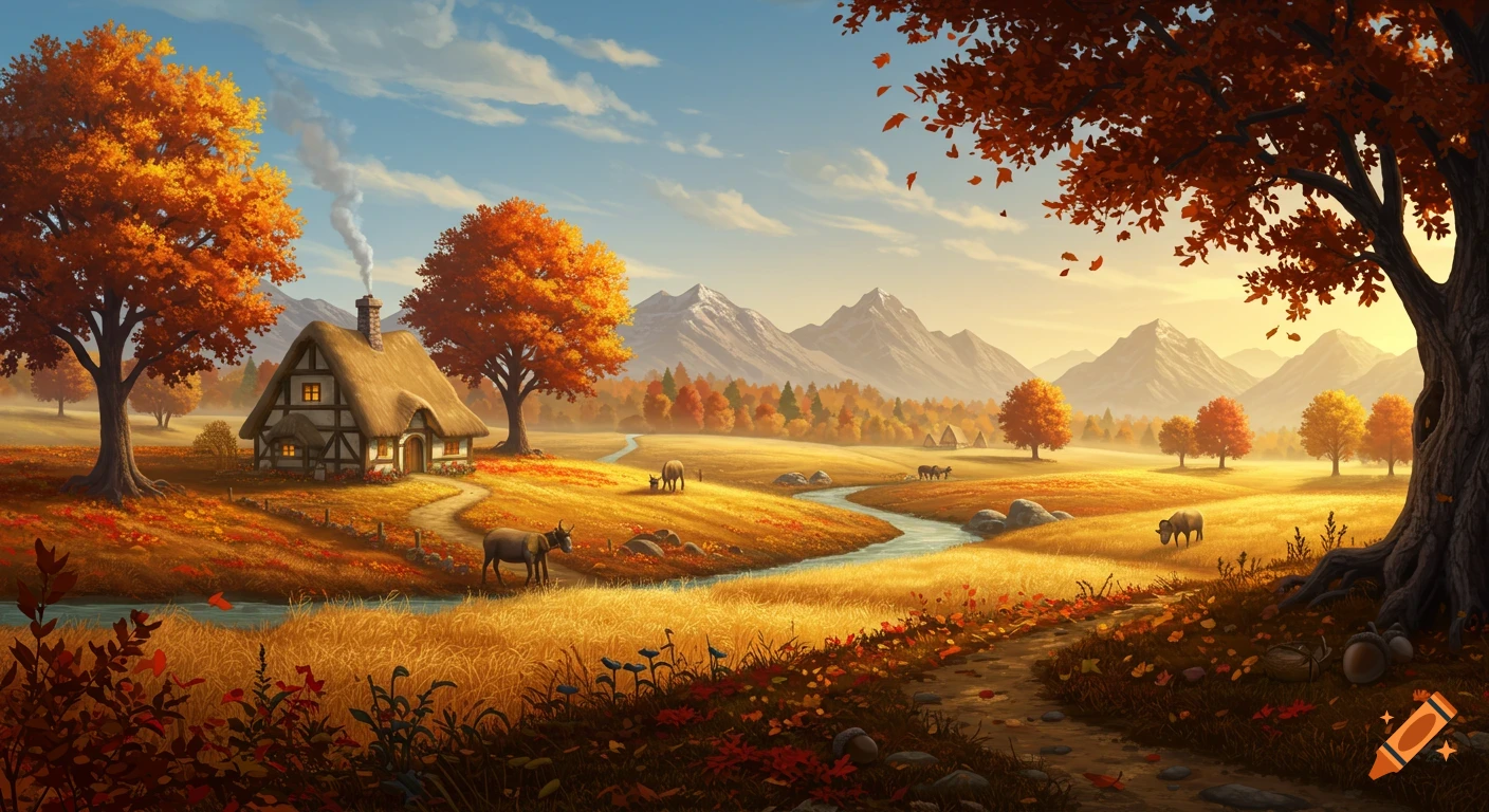 A wide panorama of an autumn fantasy realm with a thatched cottage, a winding stream, golden fields, mountains, and fall foliage.