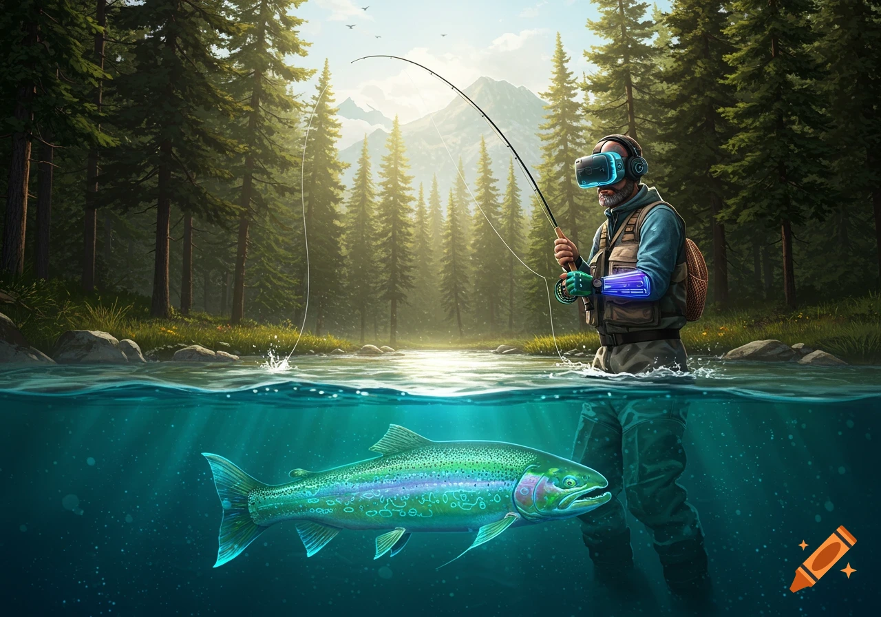 A man in a VR headset fly fishes in a river with a large fish visible below the surface, surrounded by a lush forest.