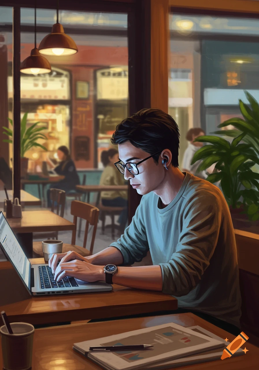 A person with glasses wearing earbuds works on a laptop at a wooden table inside a dimly lit cafe, rendered in a painterly style.