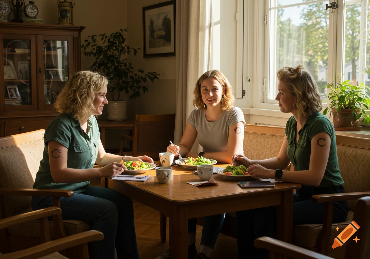 Three women with tattoos on their biceps sit around a wooden table, eating salads in a sunlit room.