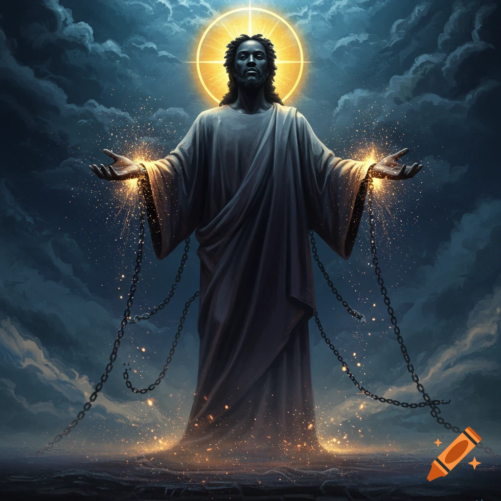 A powerful, dark-skinned figure resembling Jesus with a glowing halo stands under a dramatic sky, breaking chains from his hands with golden sparks.