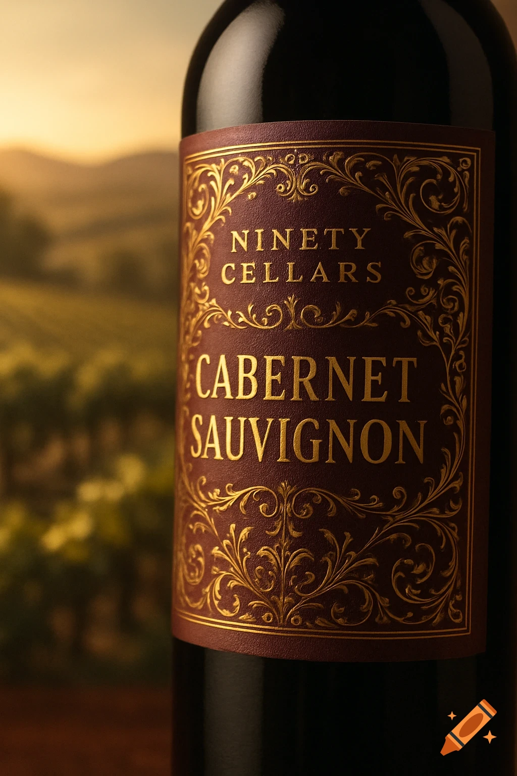 Close-up of a red wine bottle label with gold ornate details, reading 'Ninety Cellars Cabernet Sauvignon', against a blurry vineyard sunset.