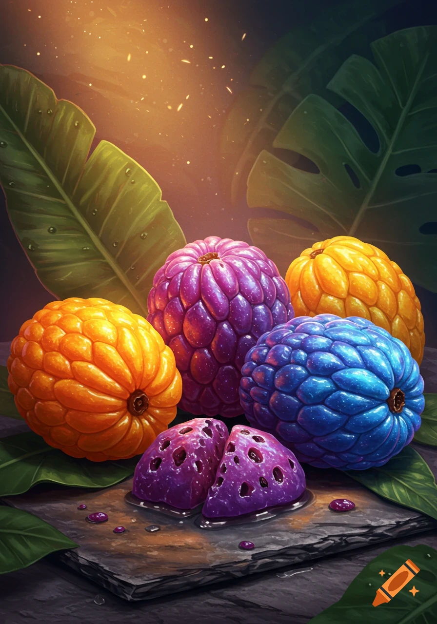 Vibrant stylized digital art of colorful, exotic fruit-like objects on a dark surface with large green leaves and warm light.