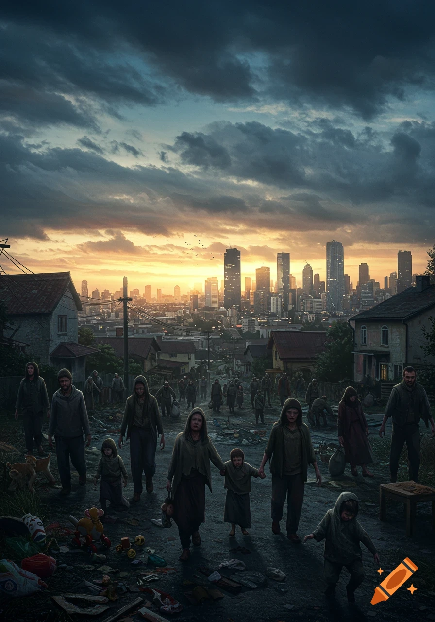 Weary people, including children, walk along a debris-strewn road towards a city skyline under a dramatic sunset sky, depicting a scene of displacement.