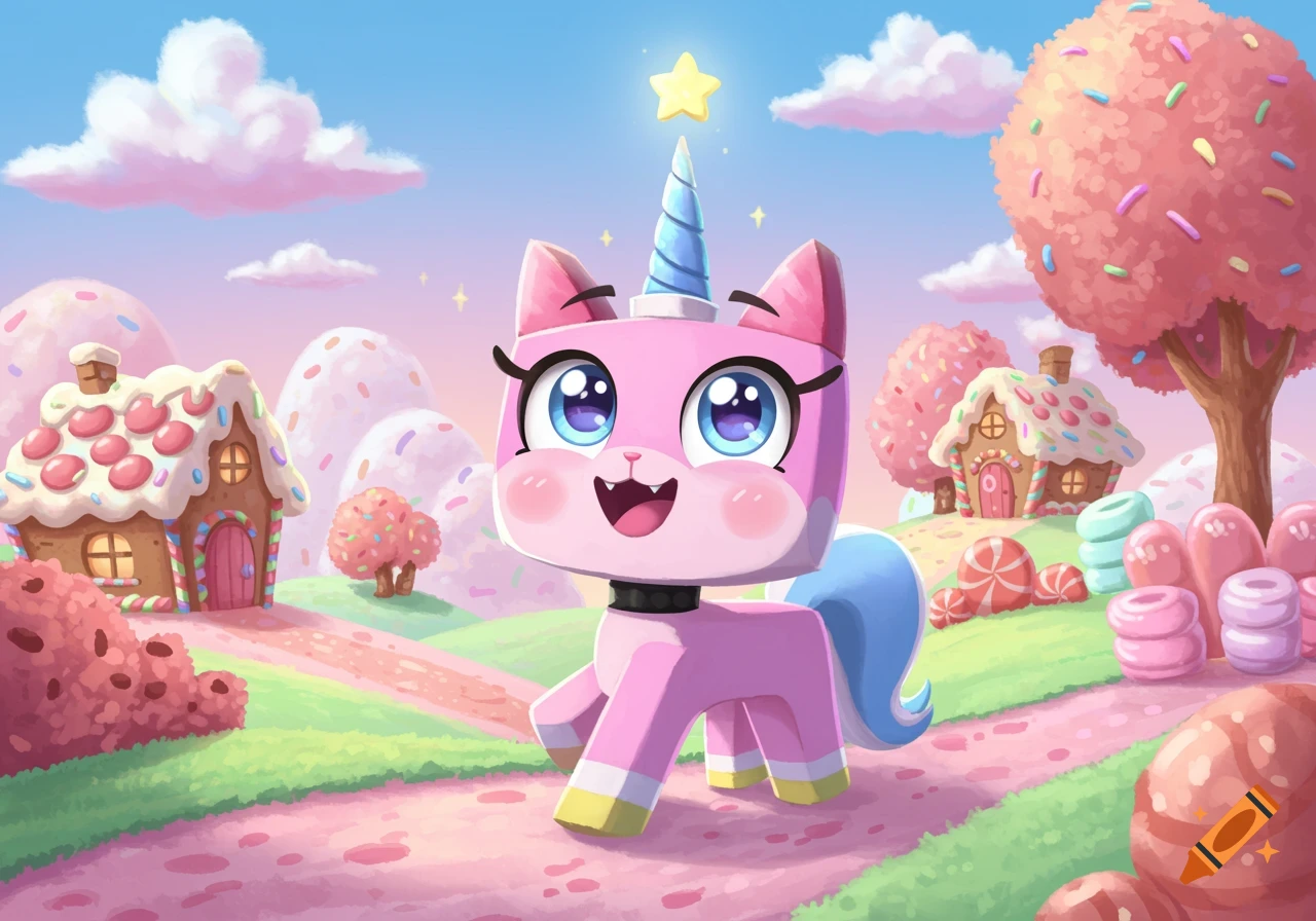 A pink cat-unicorn character with a blue horn and tail, big blue eyes, smiles in a vibrant candy land with gingerbread houses and candy trees.